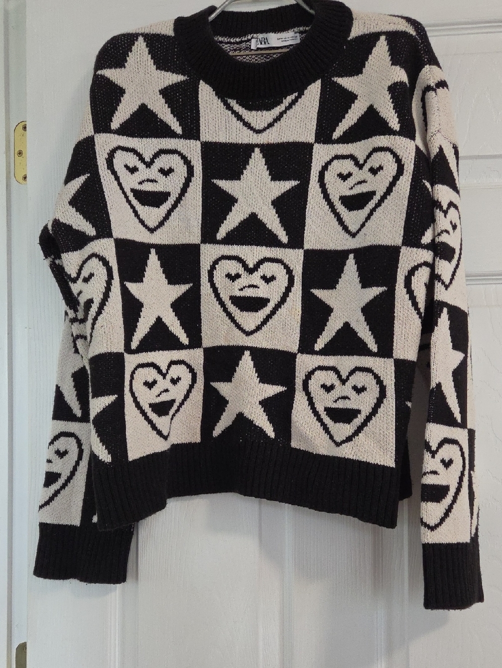 Zara Black & Cream Checker Knit Sweater with Stars and Hearts